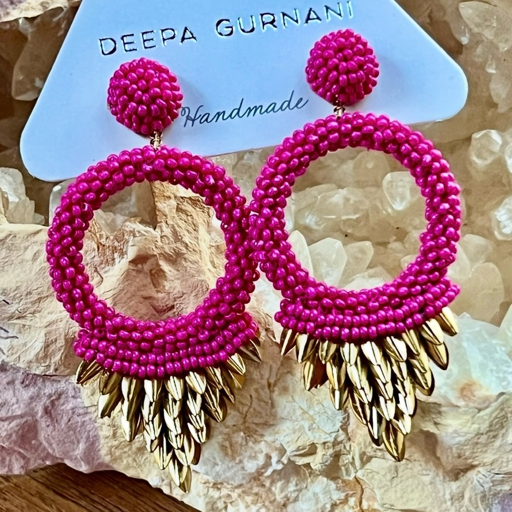 NWT Deepa Gurnani Beaded Fringe Hoop Chandeliers